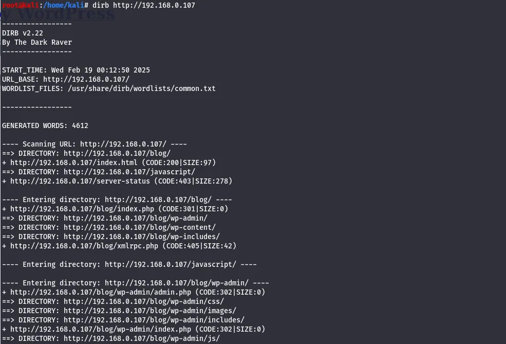 Directory scan revealing a WordPress install