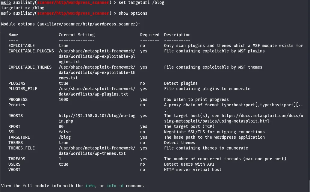 Metasploit WordPress scanner configured and run