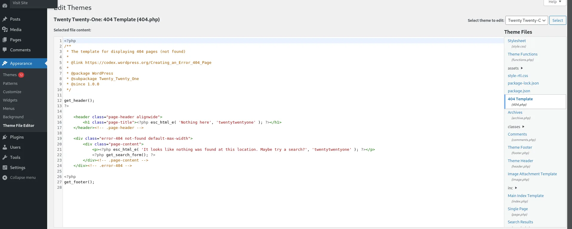 Default unconfigured 404.php in the theme editor