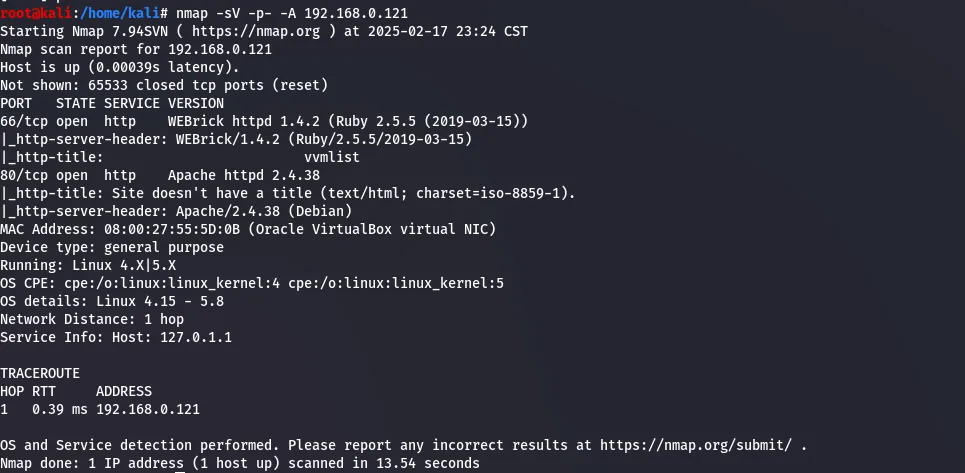 nmap results showing ports 66 and 80 open