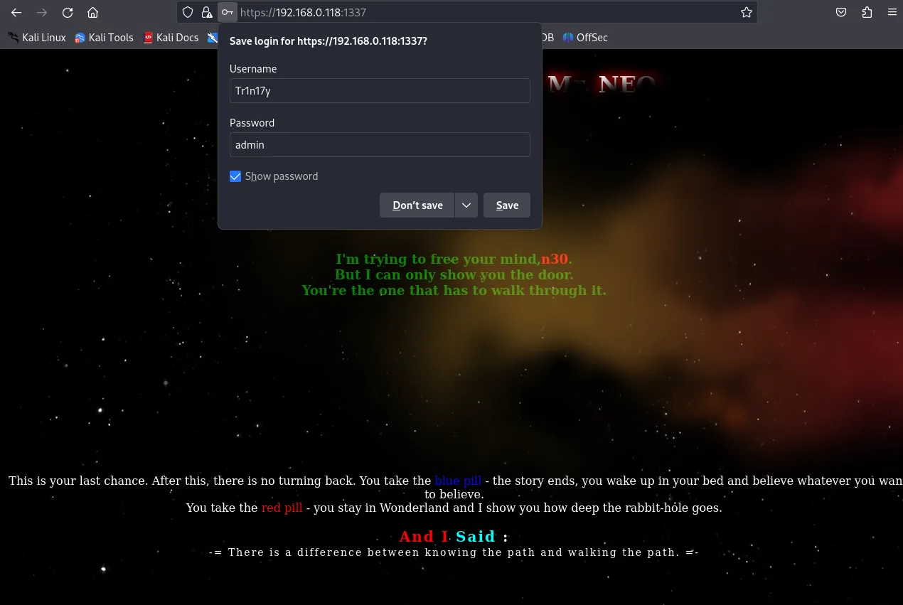 Logging in on port 1337 with the cracked password