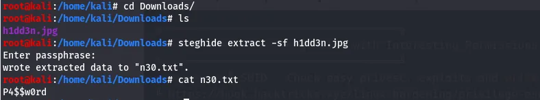 steghide extracting data with the n30 passphrase