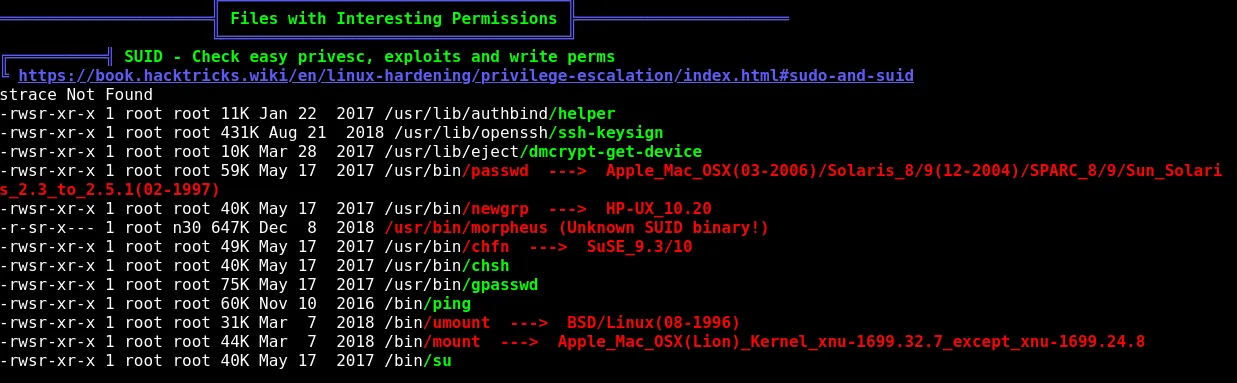 linpeas highlighting a sudo-runnable Morpheus binary