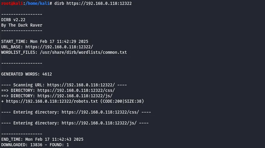 dirb directory scan against port 12322