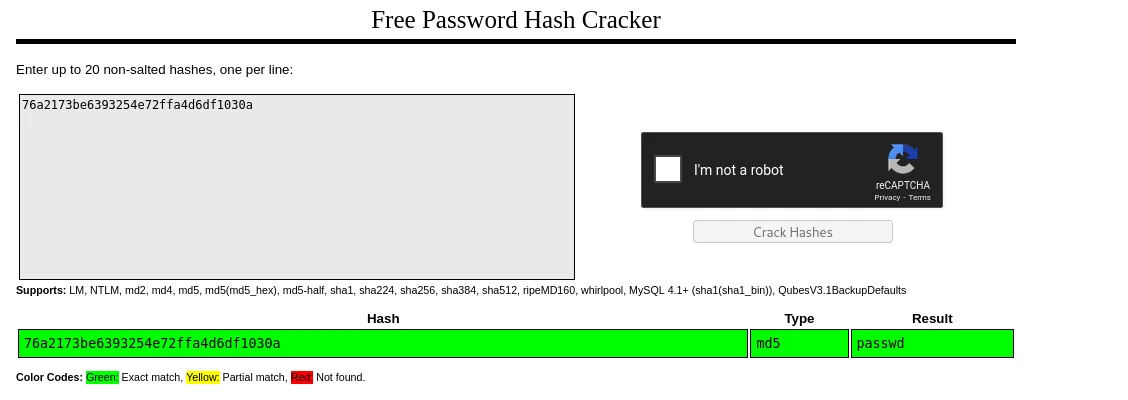 Online cracker returning the plaintext 'passwd'