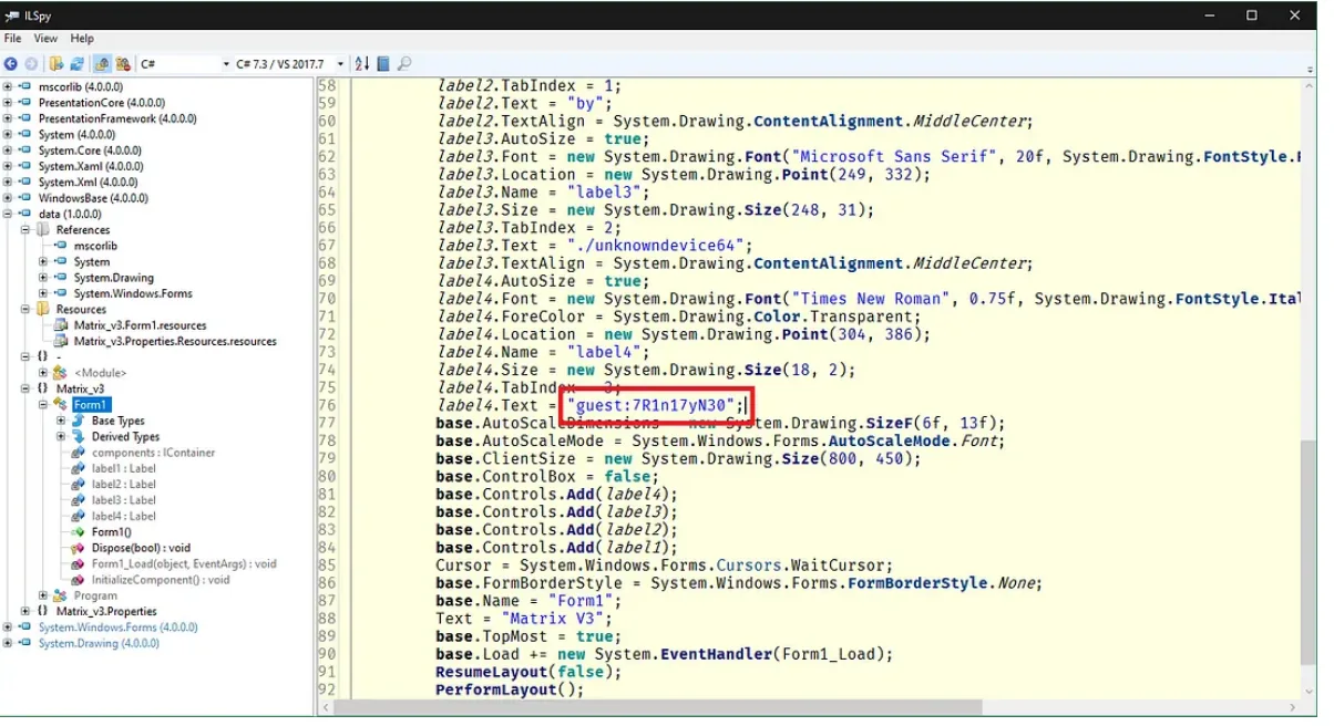 Username and password extracted from the binary