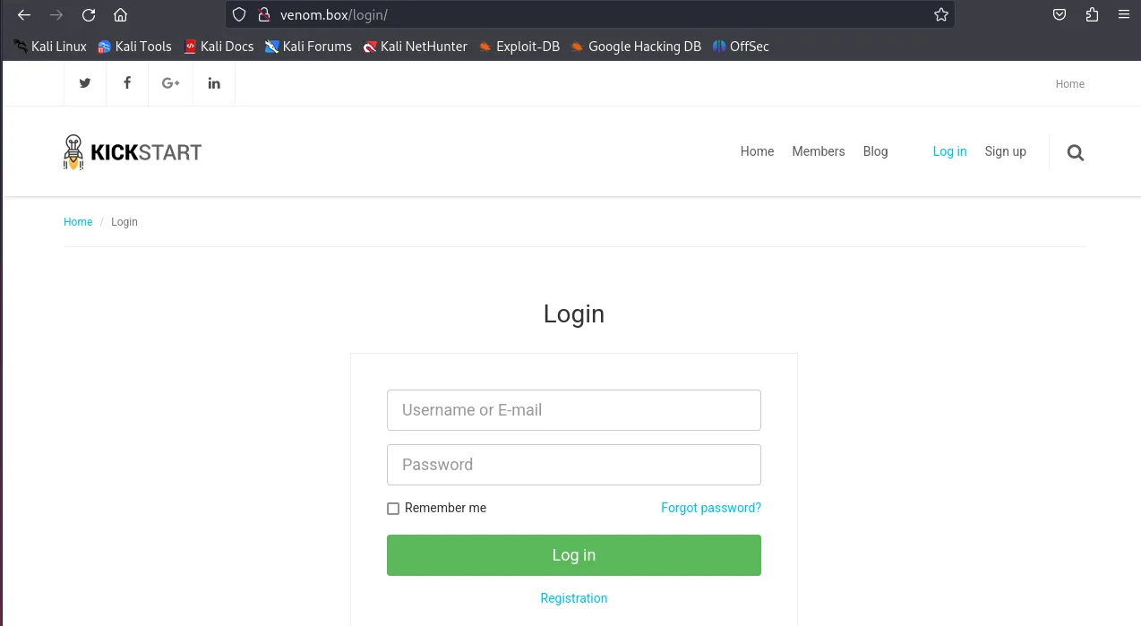 Login page served after adding venom.box to /etc/hosts