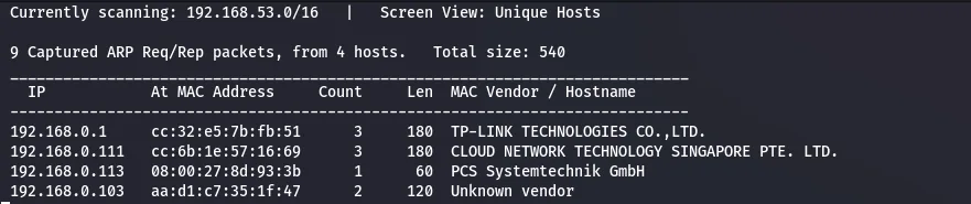 netdiscover output showing the target IP