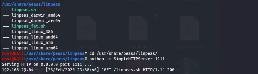 Serving linpeas from Kali with SimpleHTTPServer